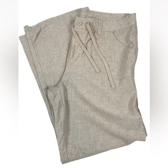 H&M Linen / Viscose Blend Straight Pants Tie Woman’s Size M Tan‎ Relaxed Coastal - Picture 3 of 16